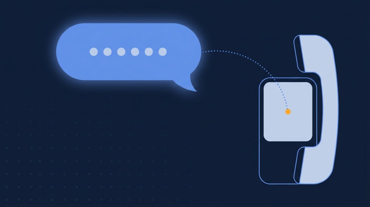 A speech bubble carrying six dots, travelling along a dotted arc onto the screen of a plain handset