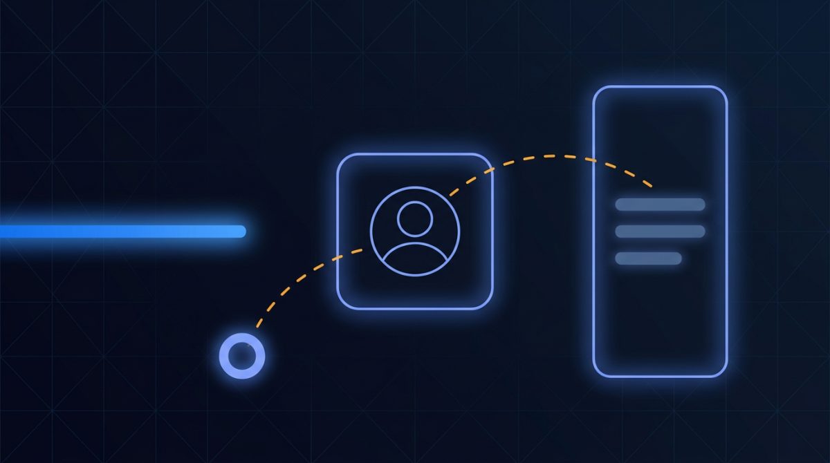 A dashed path leaving a small number ring, passing through a profile card and ending inside a phone panel